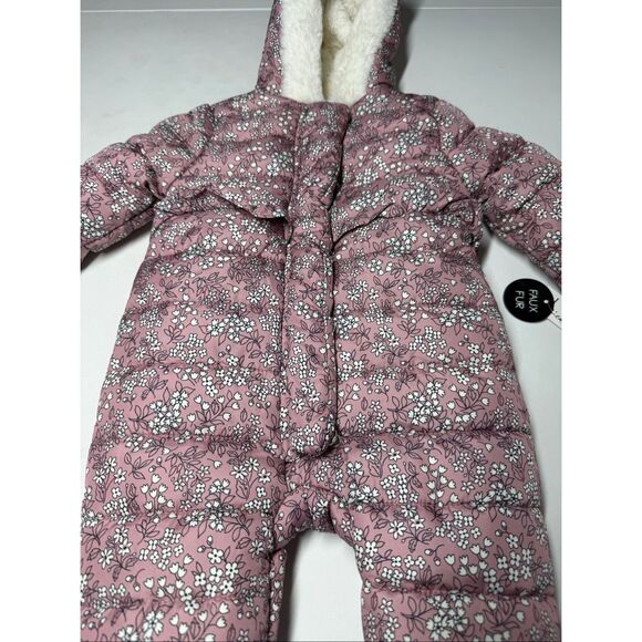 NWT Nicole Miller Size 6-9 months Girls Snow Suit Ruffle Faux Fur Floral Pink - Picture 2 of 13
